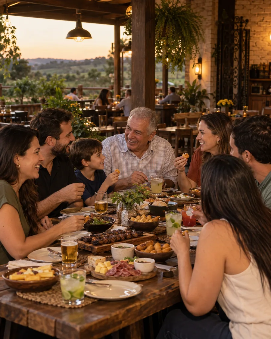 Amigos reunidos à mesa em uma petiscaria caipira acolhedora